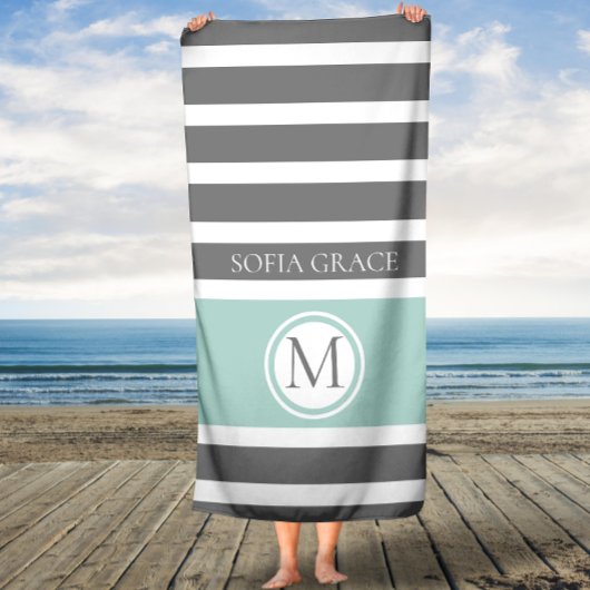 Monogrammed Gray and Mint Stripes Bath Towel Badhanddoek