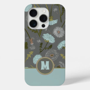 Monogrammed Gray Blue Dandelion Whimsical Flowers iPhone 15 Pro Case
