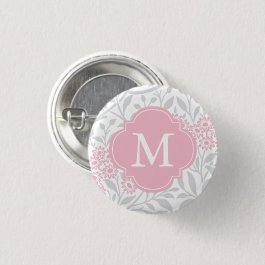 Monogrammed Gray Pink Floral Damask Pattern Ronde Button 3,2 Cm (Voorkant /achterkant)