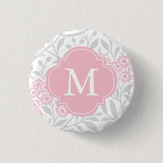 Monogrammed Gray Pink Floral Damask Pattern Ronde Button 3,2 Cm (Voorkant)