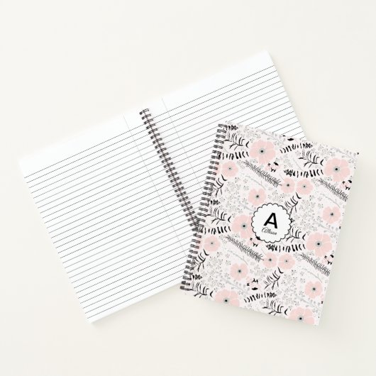 Monogrammed Gray Pink Patterned Whimsical Flowers Notitieboek (Binnen)
