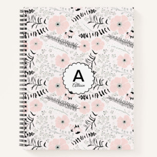 Monogrammed Gray Pink Patterned Whimsical Flowers Notitieboek