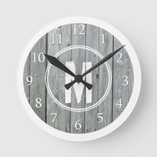 Monogrammed Gray White Distress Wood Ronde Klok