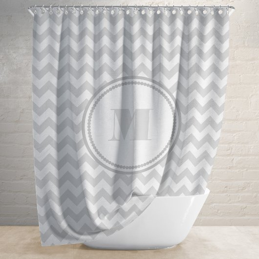Monogrammed Gray White Striped Chevron Pattern Douchegordijn