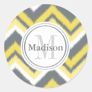 Monogrammed Gray Yellow Ikat Chevron Pattern Ronde Sticker