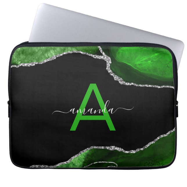 Monogrammed Green Agate with Silver Glitter Accent Laptop Sleeve (Voorkant)