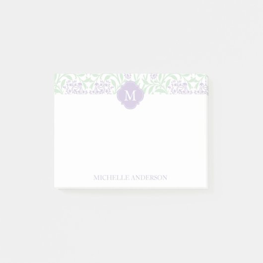 Monogrammed Green and Lavender Floral Damask Post-it® Notes (Voorkant)