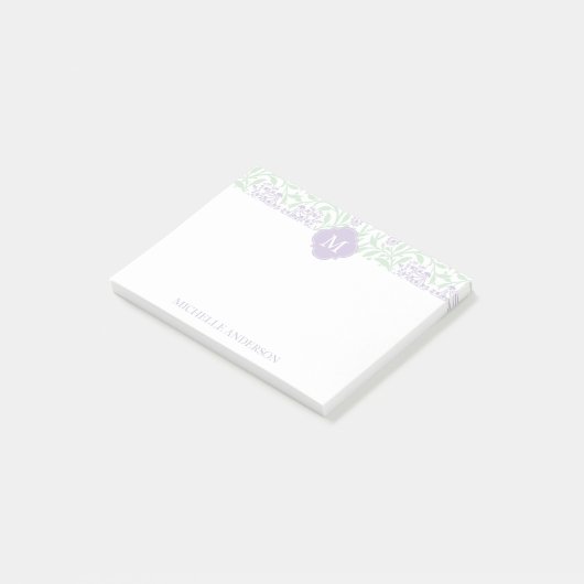 Monogrammed Green and Lavender Floral Damask Post-it® Notes (Schuin)