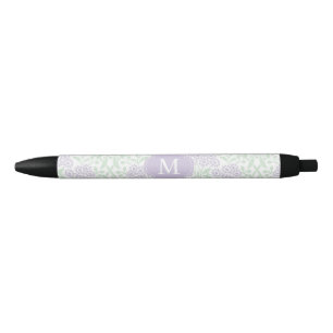 Monogrammed Green and Lavender Floral Damask Zwarte Inkt Pen