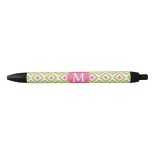 Monogrammed Green and Pink Diamonds Ikat Pattern Zwarte Inkt Pen