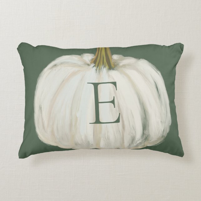 Monogrammed Green and White Herfst Pumpkin Accent Kussen (Voorkant)