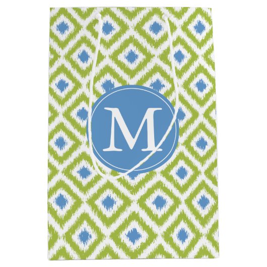 Monogrammed Green Blue Ikat Pattern Medium Cadeauzakje (Voorkant)
