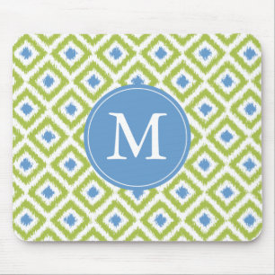 Monogrammed Green Blue Ikat Pattern Muismat