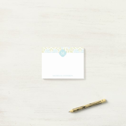 Monogrammed Green en Aqua Floral Damask Post-it® Notes (Op bureau)