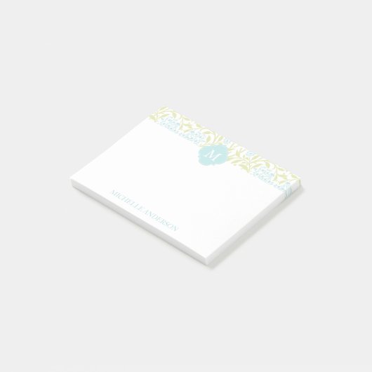 Monogrammed Green en Aqua Floral Damask Post-it® Notes (Schuin)