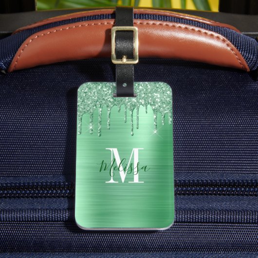 Monogrammed Green Glitter Borhed Metal Bagagelabel (Voorkant Insitu 2)