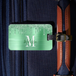Monogrammed Green Glitter Drip Brushed Metal Bagagelabel