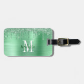 Monogrammed Green Glitter Drip Brushed Metal Bagagelabel (Voorkant horizontaal)