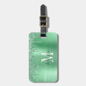 Monogrammed Green Glitter Drip Brushed Metal Bagagelabel (Voorkant verticaal)