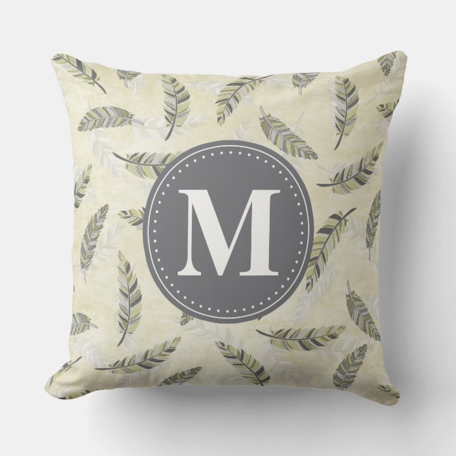 Monogrammed Green Grey Feather Pattern Kussen (Voorkant)