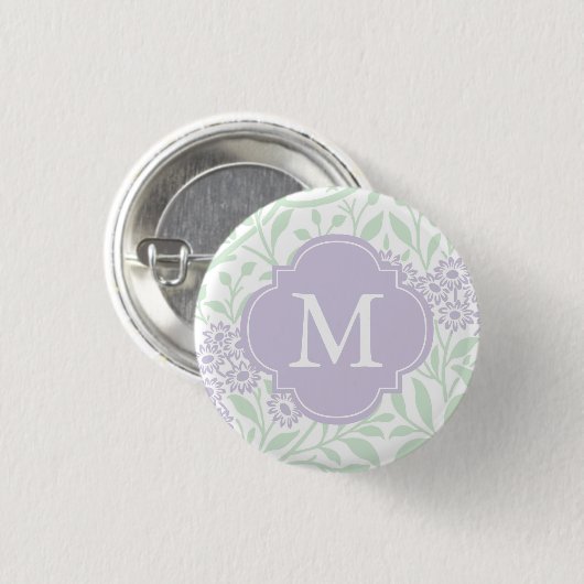 Monogrammed Green Lavender Floral Damask Pattern Ronde Button 3,2 Cm (Voorkant /achterkant)