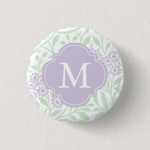 Monogrammed Green Lavender Floral Damask Pattern Ronde Button 3,2 Cm