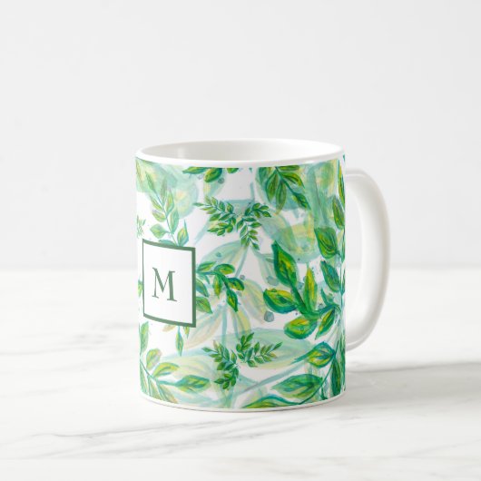Monogrammed Green Leaves Koffiemok (Voorkant rechts)