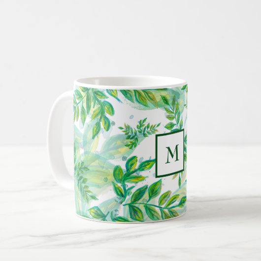 Monogrammed Green Leaves Koffiemok (Voorkant links)