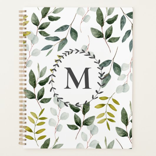 Monogrammed Green Leaves Waterverf Pattern 2026 Planner (Voorkant)