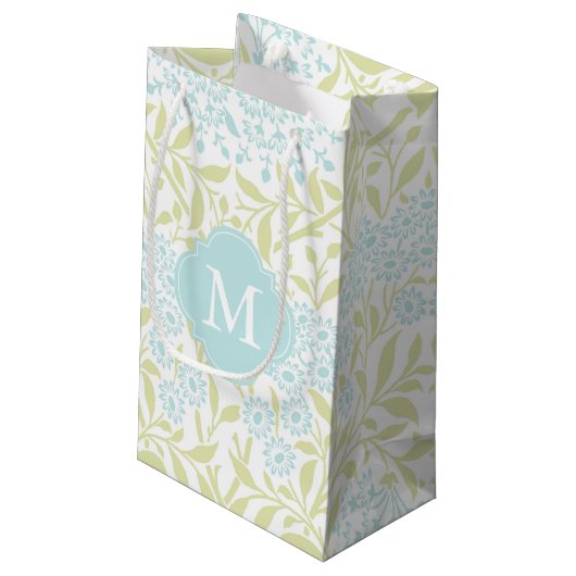 Monogrammed Green Mint Floral Pattern Klein Cadeauzakje (Achterkant Gekanteld)