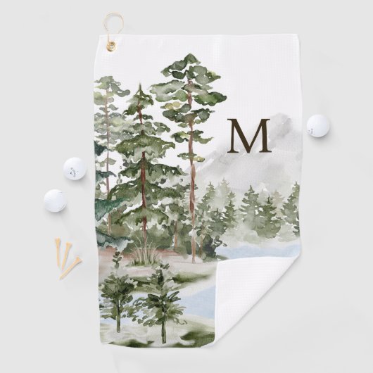 Monogrammed Green Pine Forest en het meer Golfhanddoek (Insitu)
