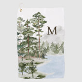 Monogrammed Green Pine Forest en het meer Golfhanddoek (Voorkant)