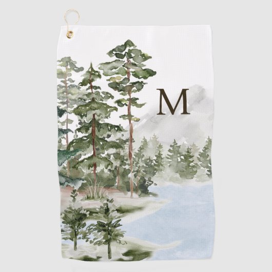 Monogrammed Green Pine Forest en het meer Golfhanddoek (Voorkant)