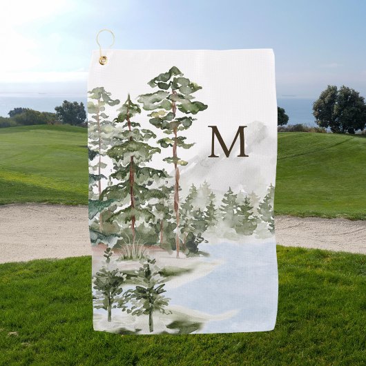 Monogrammed Green Pine Forest en het meer Golfhanddoek