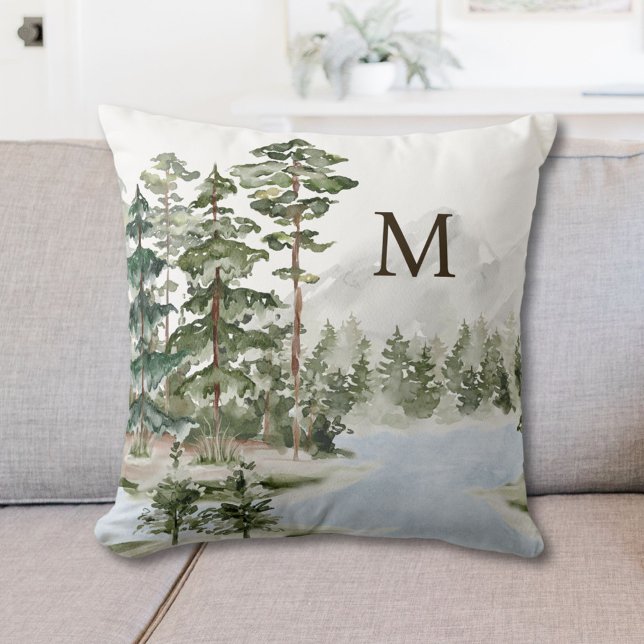 Monogrammed Green Pine Forest en het meer Kussen (In situ)