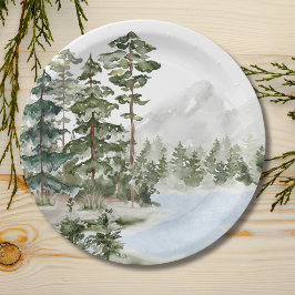 Monogrammed Green Pine Forest en het meer Papieren Bordje