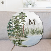 Monogrammed Green Pine Forest en het meer Rond Kussen