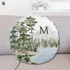 Monogrammed Green Pine Forest en het meer Rond Kussen
