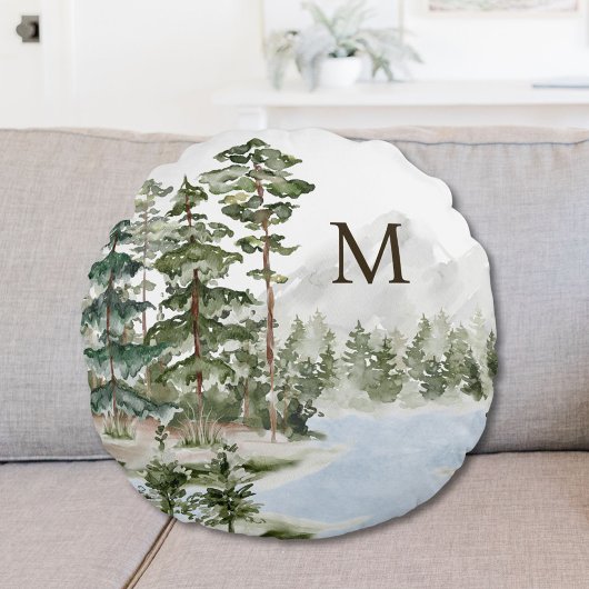 Monogrammed Green Pine Forest en het meer Rond Kussen