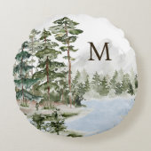 Monogrammed Green Pine Forest en het meer Rond Kussen (Voorkant)