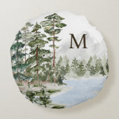 Monogrammed Green Pine Forest en het meer Rond Kussen (Achterkant)