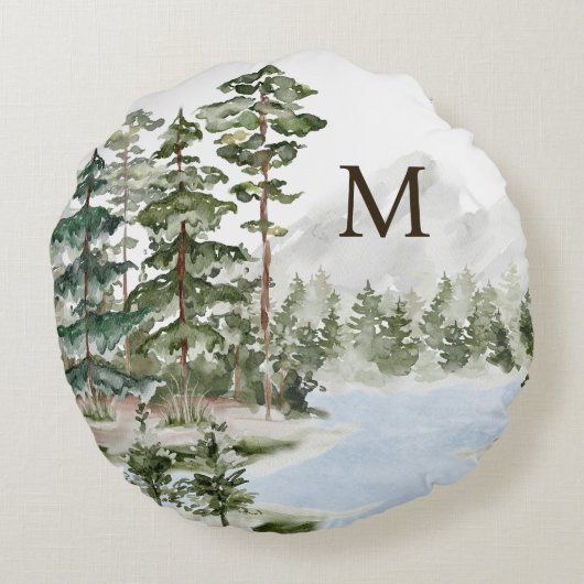 Monogrammed Green Pine Forest en het meer Rond Kussen (Achterkant)