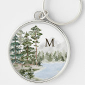 Monogrammed Green Pine Forest en het meer Sleutelhanger (Voorkant)