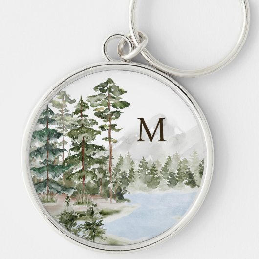Monogrammed Green Pine Forest en het meer Sleutelhanger (Voorkant)