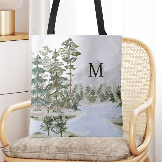 Monogrammed Green Pine Forest en het meer Tote Bag