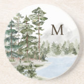 Monogrammed Green Pine Forest en het meer Zandsteen Onderzetter (Voorkant)