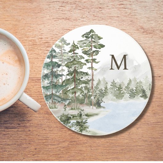 Monogrammed Green Pine Forest en het meer Zandsteen Onderzetter