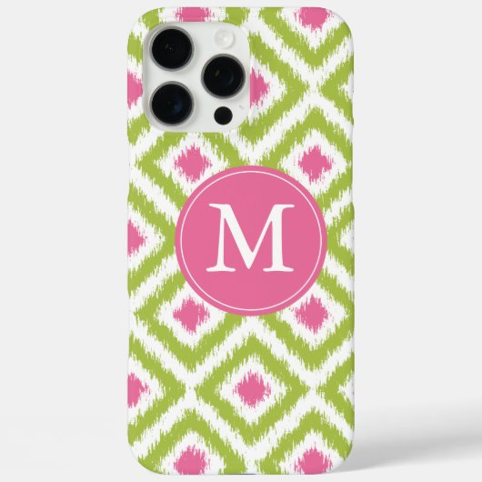 Monogrammed Green Pink Diamond Ikat Pattern Case-Mate iPhone Case (Achterkant)