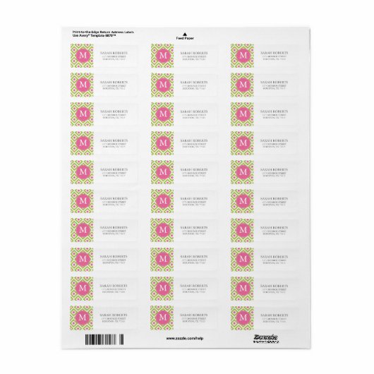 Monogrammed Green Pink Diamonds Ikat Pattern Etiket (Full Sheet)
