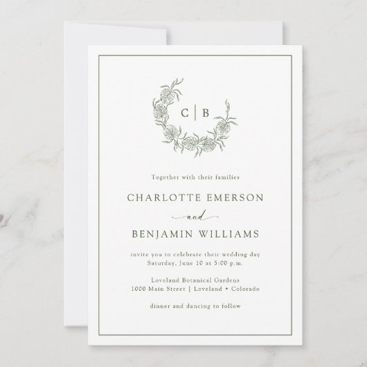 Monogrammed Green Wedding Invitations Kaart (Voorkant)